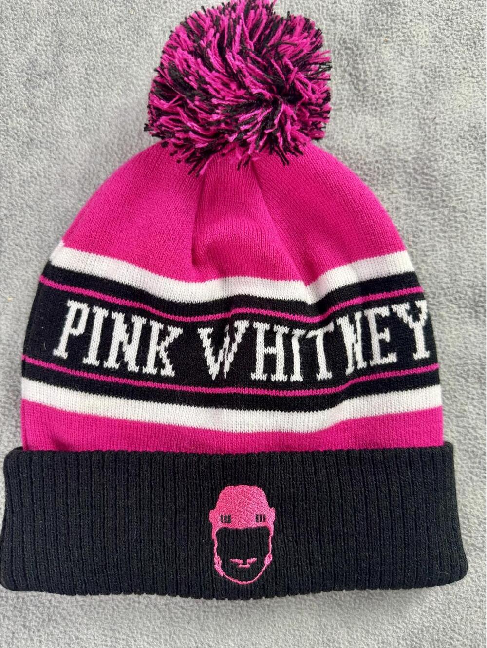 pink whitney beanie pom hat black‎ pink striped new amsterdam